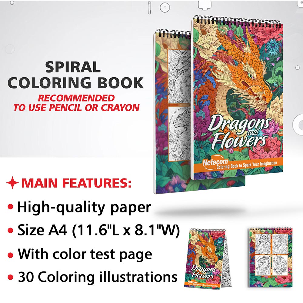 Netecom Dragons and Flowers Coloring Sheets for Adults