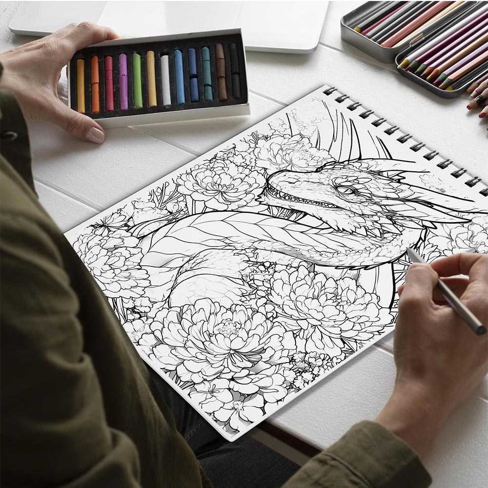 Netecom Dragons and Flowers Spiral  Bound Coloring Book for Adults 