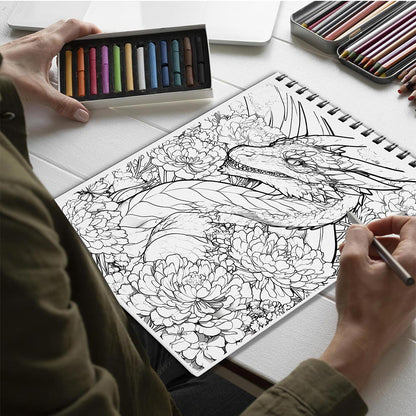 Netecom Dragons and Flowers Spiral  Bound Coloring Book for Adults 