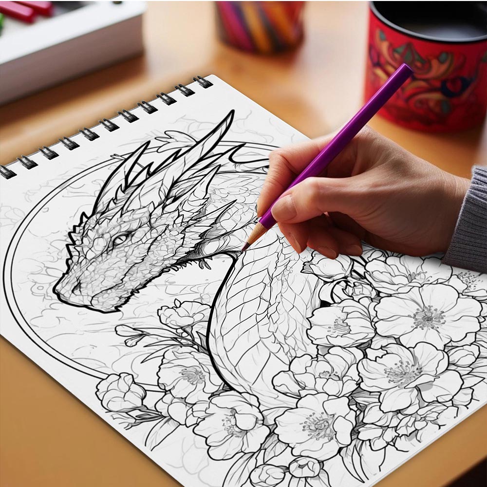 Netecom Dragons and Flowers Coloring Book Spiral  Bound for Adults 