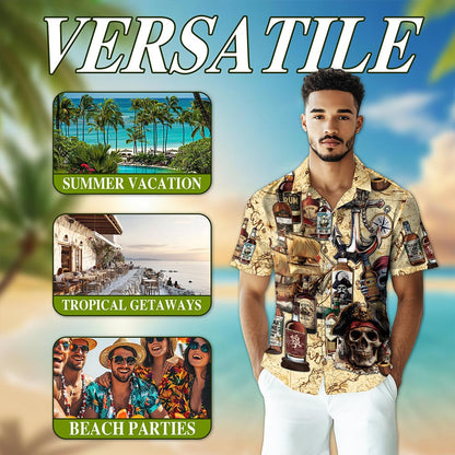 Netecom Drinking Rum Hawaiian Shirt for Men, Vintage Pirate Style, Button Down Summer Beach Short Sleeve, S-5XL