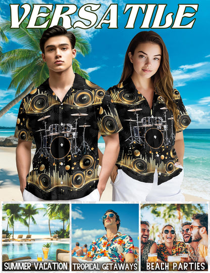Netecom Drum Hawaiian Shirt for Men, Retro Style, Button Down Summer Beach Short Sleeve, S-5XL