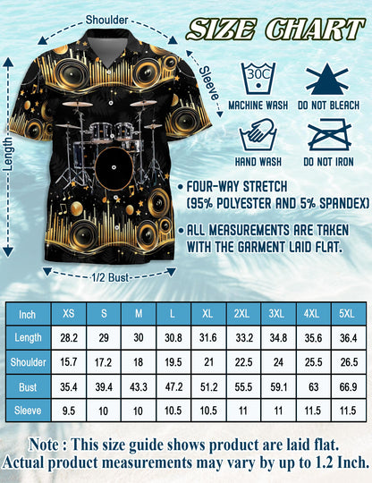 Netecom Drum Hawaiian Shirt for Men, Retro Style, Button Down Summer Beach Short Sleeve, S-5XL