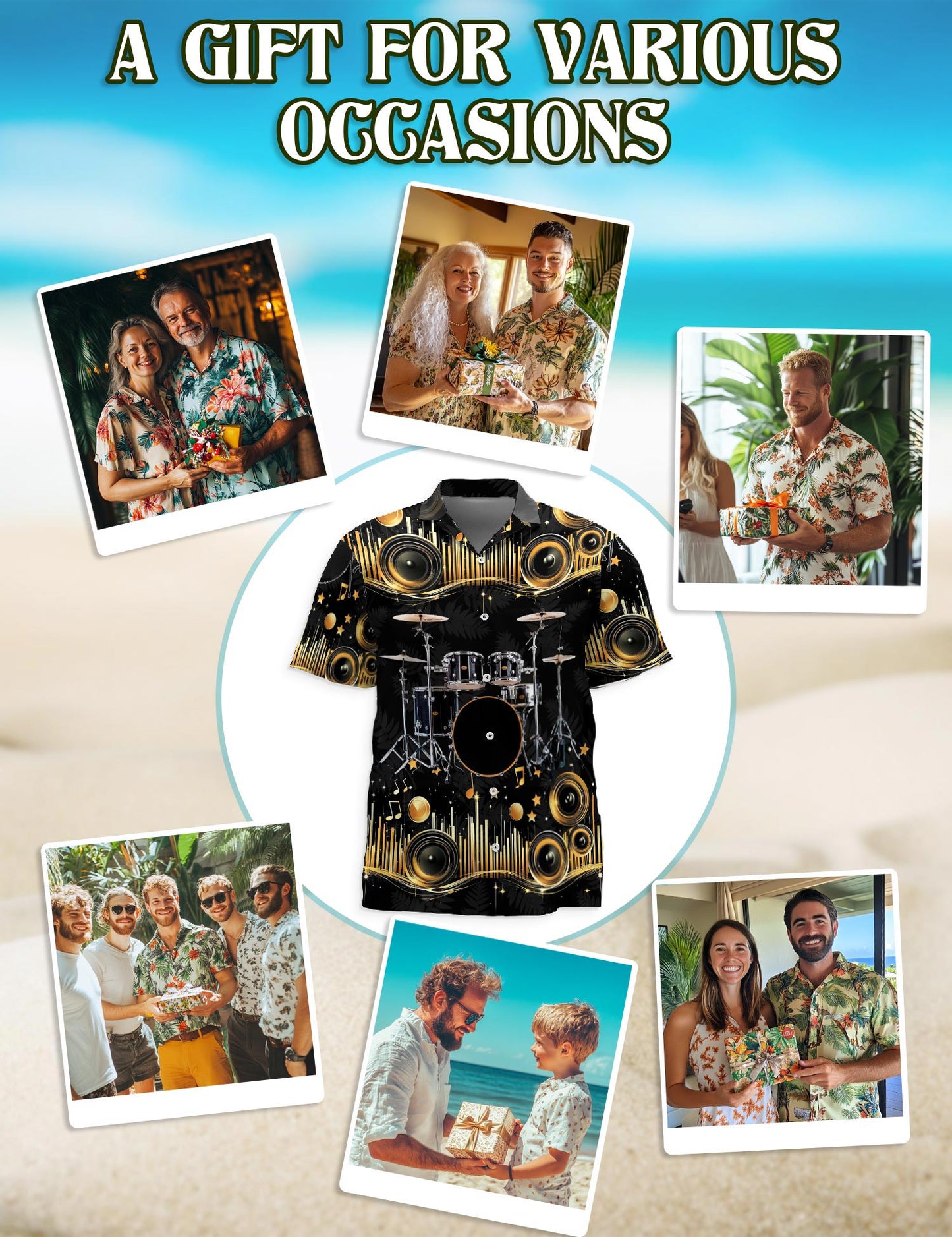 Netecom Drum Hawaiian Shirt for Men, Retro Style, Button Down Summer Beach Short Sleeve, S-5XL