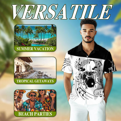 Netecom Drums For Music Hawaiian Shirt for Men, Vintage Style, Button Down Summer Beach Short Sleeve, S-5XL