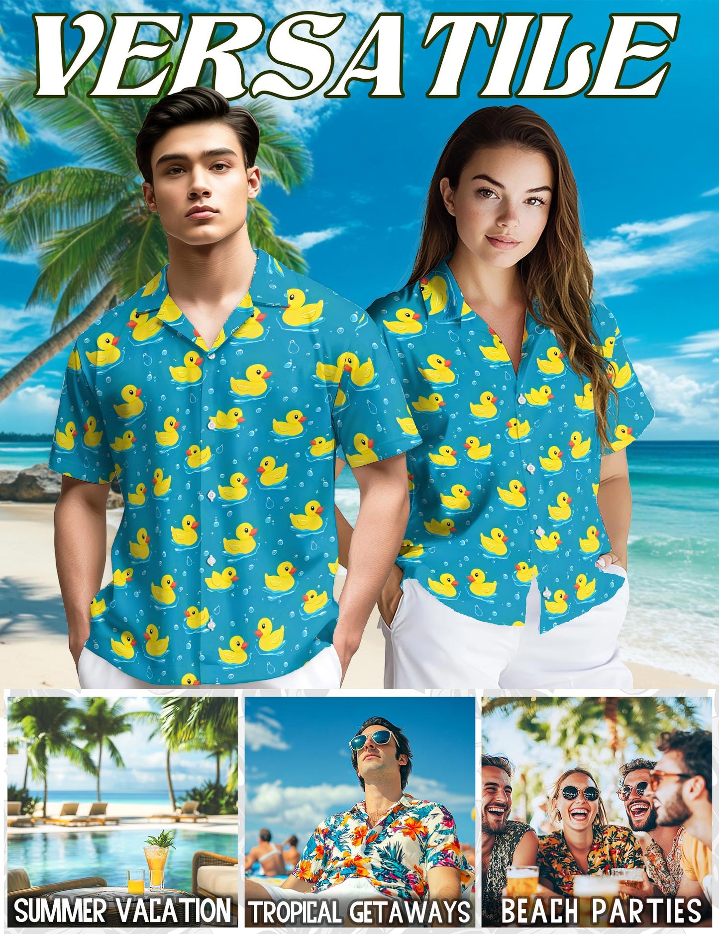 Netecom Duck Hawaiian Shirt for Men, Retro Style, Button Down Summer Beach Short Sleeve, S-5XL