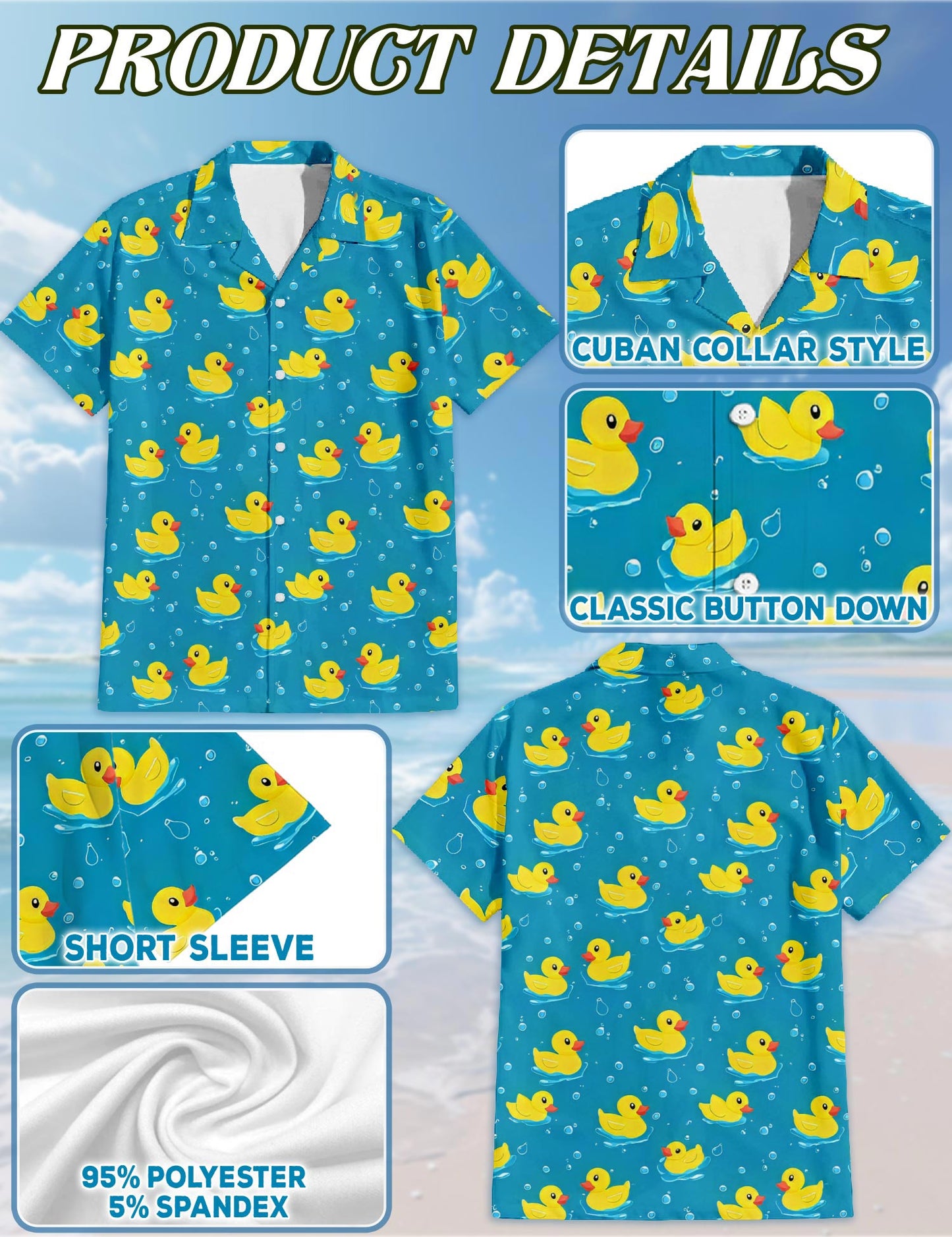 Netecom Duck Hawaiian Shirt for Men, Retro Style, Button Down Summer Beach Short Sleeve, S-5XL
