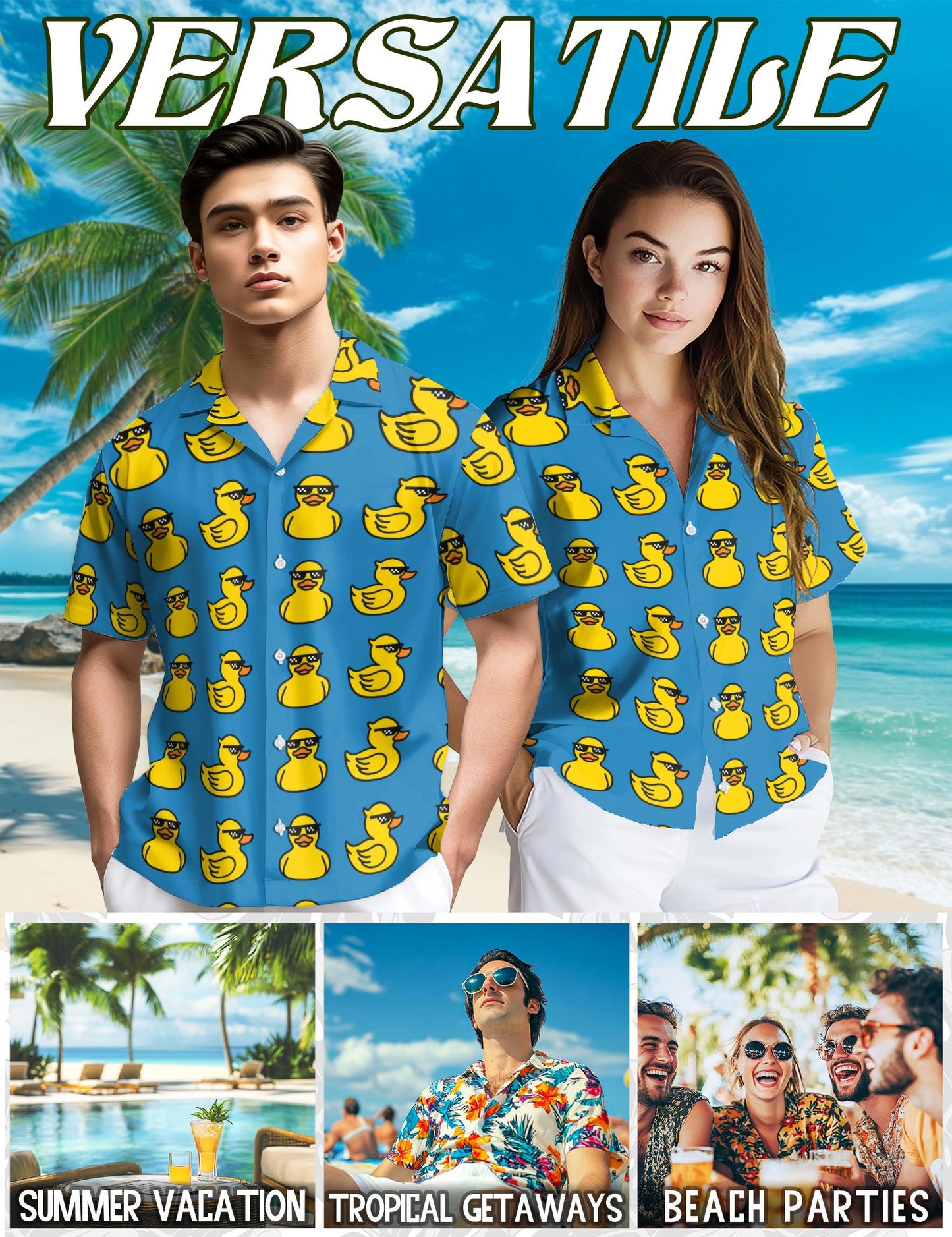 Netecom Duck Pattern Hawaiian Shirt for Men, Funny Style, Button Down Summer Beach Short Sleeve, S-5XL