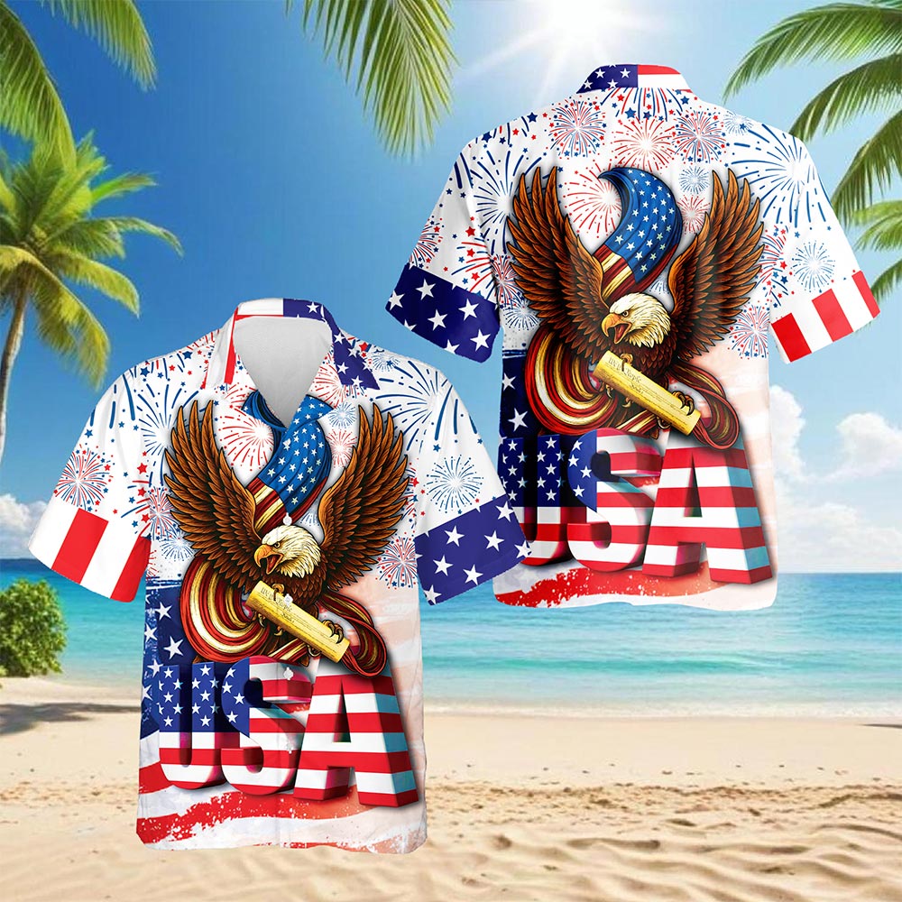 Netecom Eagle 2nd Amendment America Flag Hawaiian Shirt for Men, Patriotic Animals Button Down Summer Beach Shirts, S-5XL