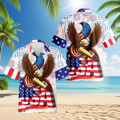 Netecom Eagle 2nd Amendment America Flag Hawaiian Shirt for Men, Patriotic Animals Button Down Summer Beach Shirts, S-5XL