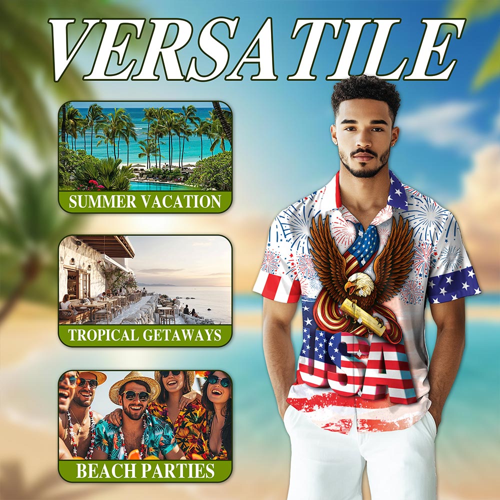 Netecom Eagle 2nd Amendment America Flag Hawaiian Shirt for Men, Patriotic Animals Button Down Summer Beach Shirts, S-5XL