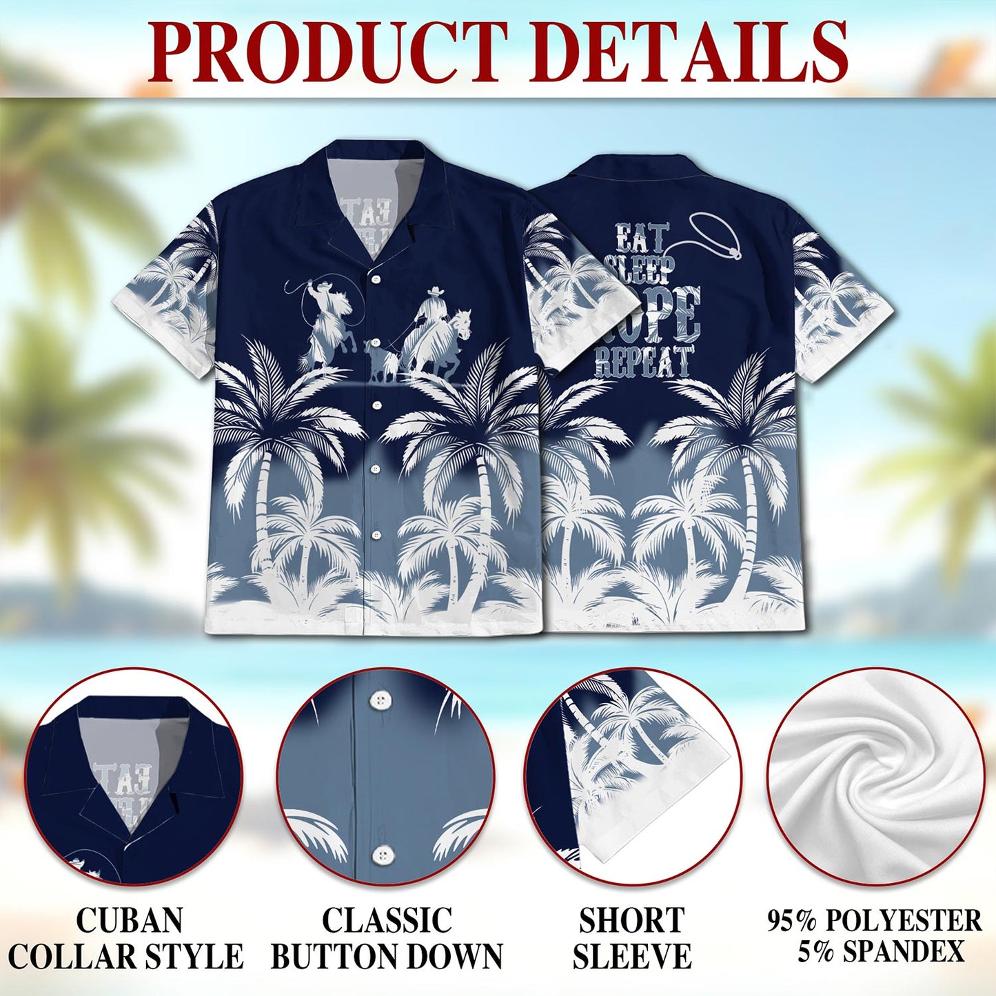 Netecom Eat Sleep Rope Repeat Hawaiian Shirt for Men, Cowboy Lover Gifts, Button Down Summer Beach Short Sleeve, S-5XL