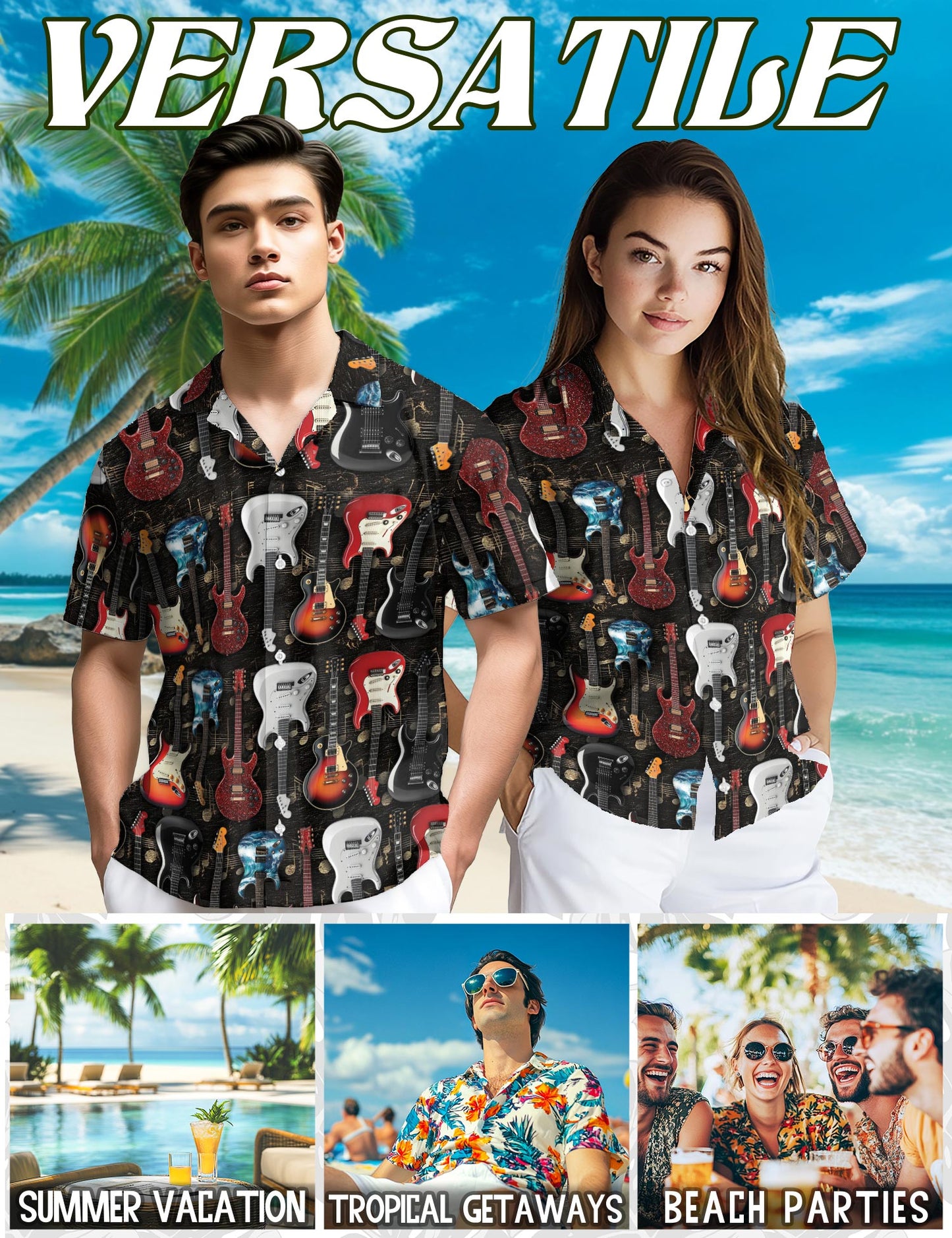 Netecom Electric Guitar Hawaiian Shirt for Men, Button Down Summer Beach Short Sleeve, Sizes S-5XL