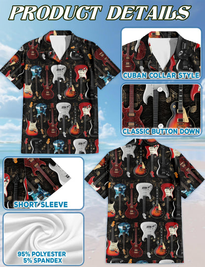 Netecom Electric Guitar Hawaiian Shirt for Men, Button Down Summer Beach Short Sleeve, Sizes S-5XL