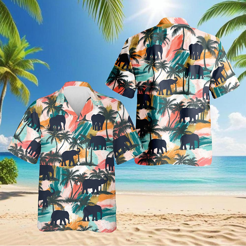 Netecom Elephant Coconut Palm Hawaiian Shirt for Men, Vintage Style, Button Down Summer Beach Short Sleeve, S-5XL