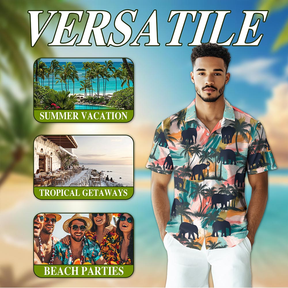 Netecom Elephant Coconut Palm Hawaiian Shirt for Men, Vintage Style, Button Down Summer Beach Short Sleeve, S-5XL