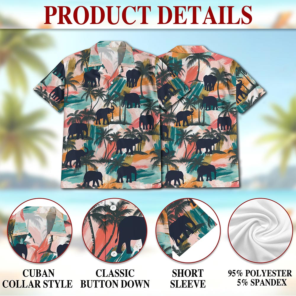 Netecom Elephant Coconut Palm Hawaiian Shirt for Men, Vintage Style, Button Down Summer Beach Short Sleeve, S-5XL