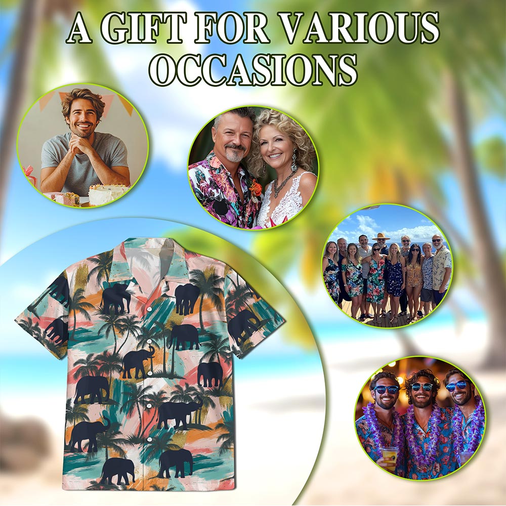 Netecom Elephant Coconut Palm Hawaiian Shirt for Men, Vintage Style, Button Down Summer Beach Short Sleeve, S-5XL