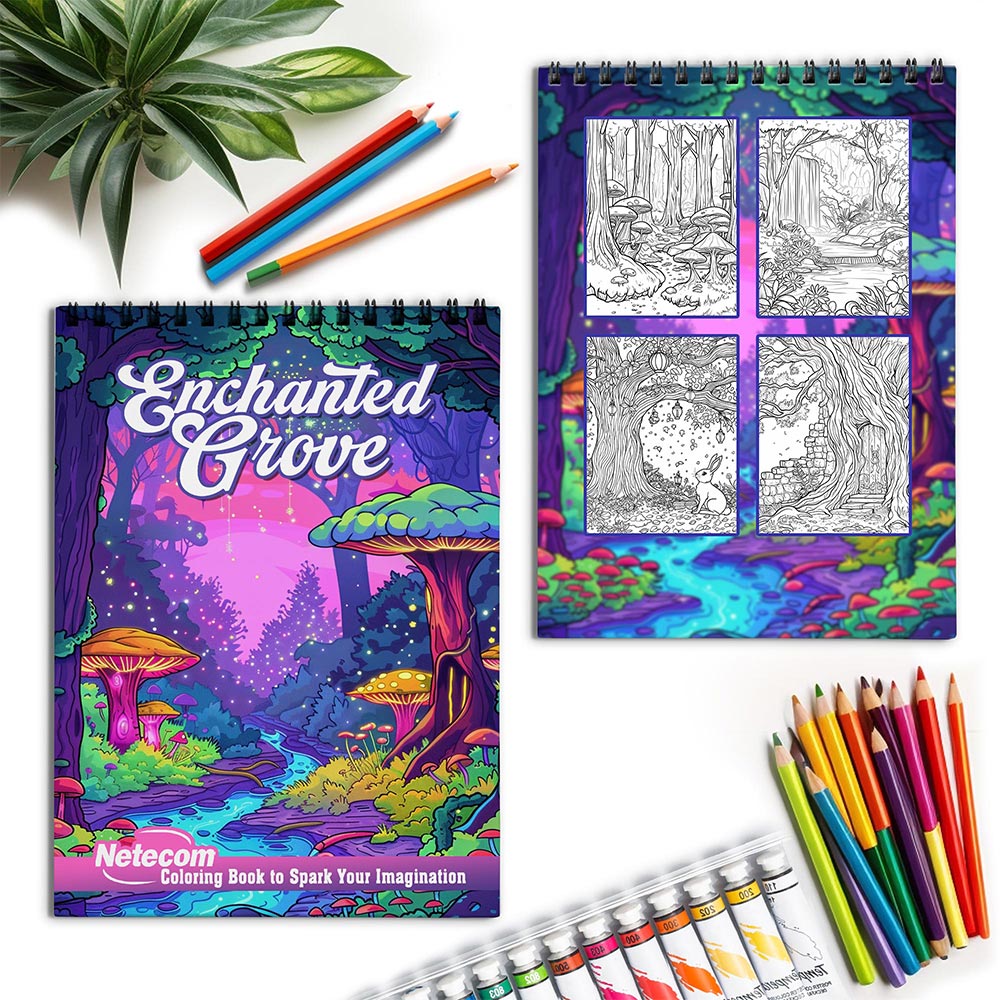 Netecom Enchanted Grove Spiral Coloring Book for Adults