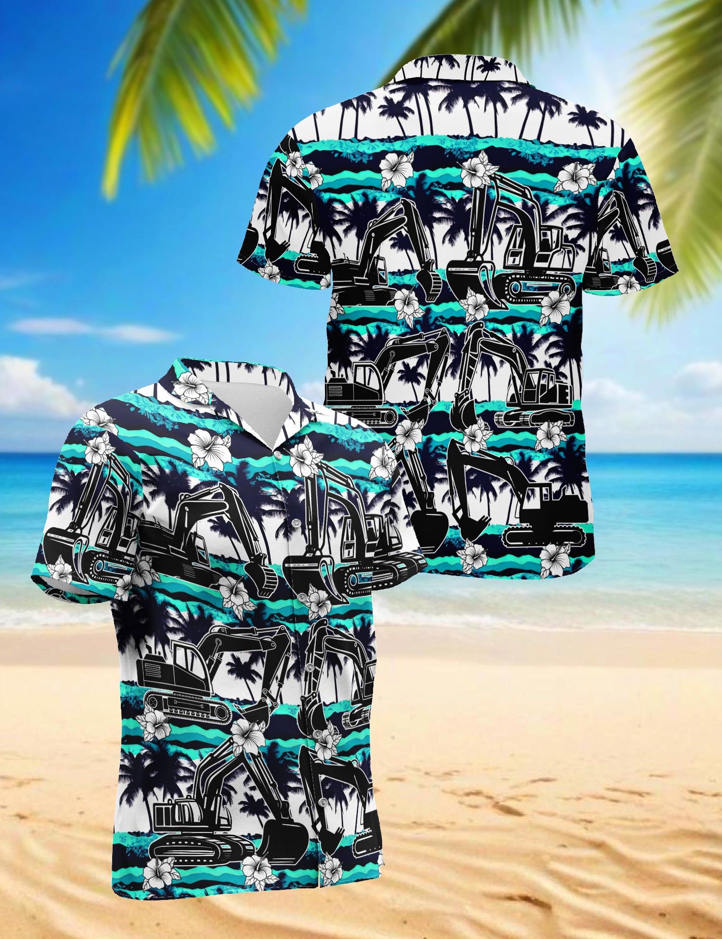 Netecom Excavator Green Coconut Hawaiian Shirt for Men, Tropical Style, Button Down Summer Beach Short Sleeve, S-5XL