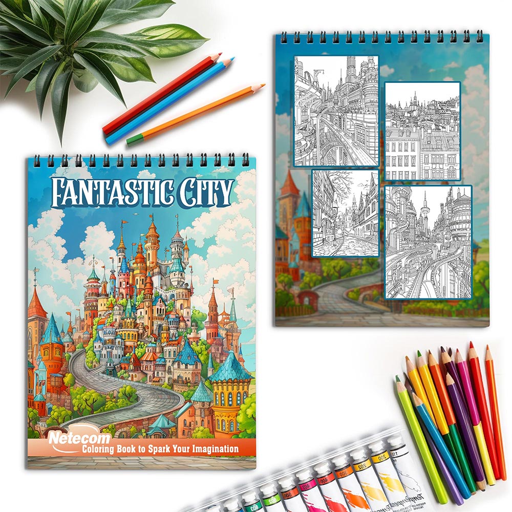 Netecom Fantastic City Spiral Coloring Book for Adults