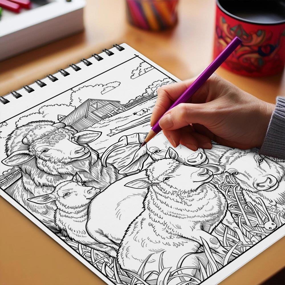 Netecom Farm Animals Coloring Book Spiral Bound for Adulst