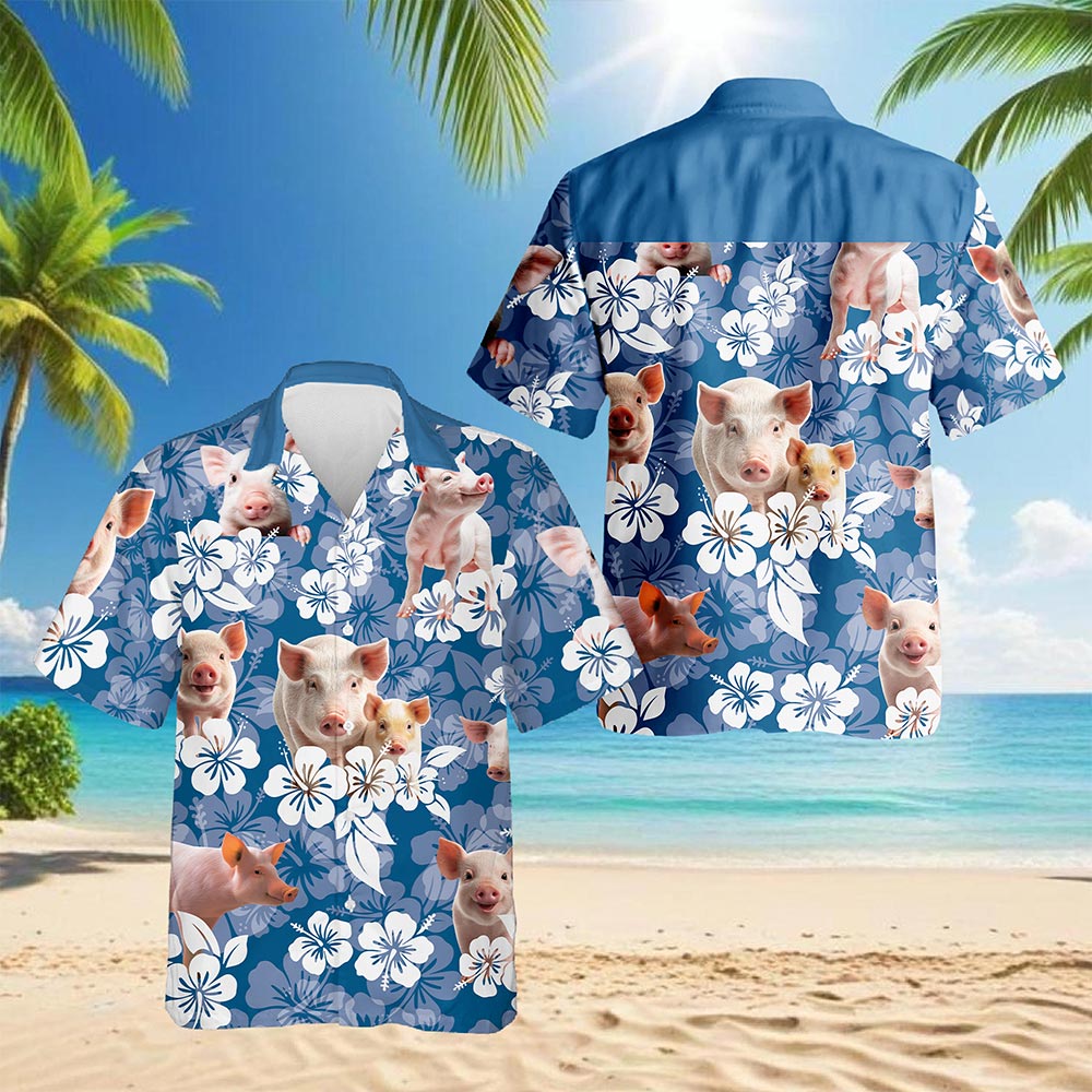 Netecom Farmer Pig Hawaiian Shirt for Men, Pig Lover Gifts, Funny Animal Button Down Summer Beach Short Sleeve Shirts, S-5XL