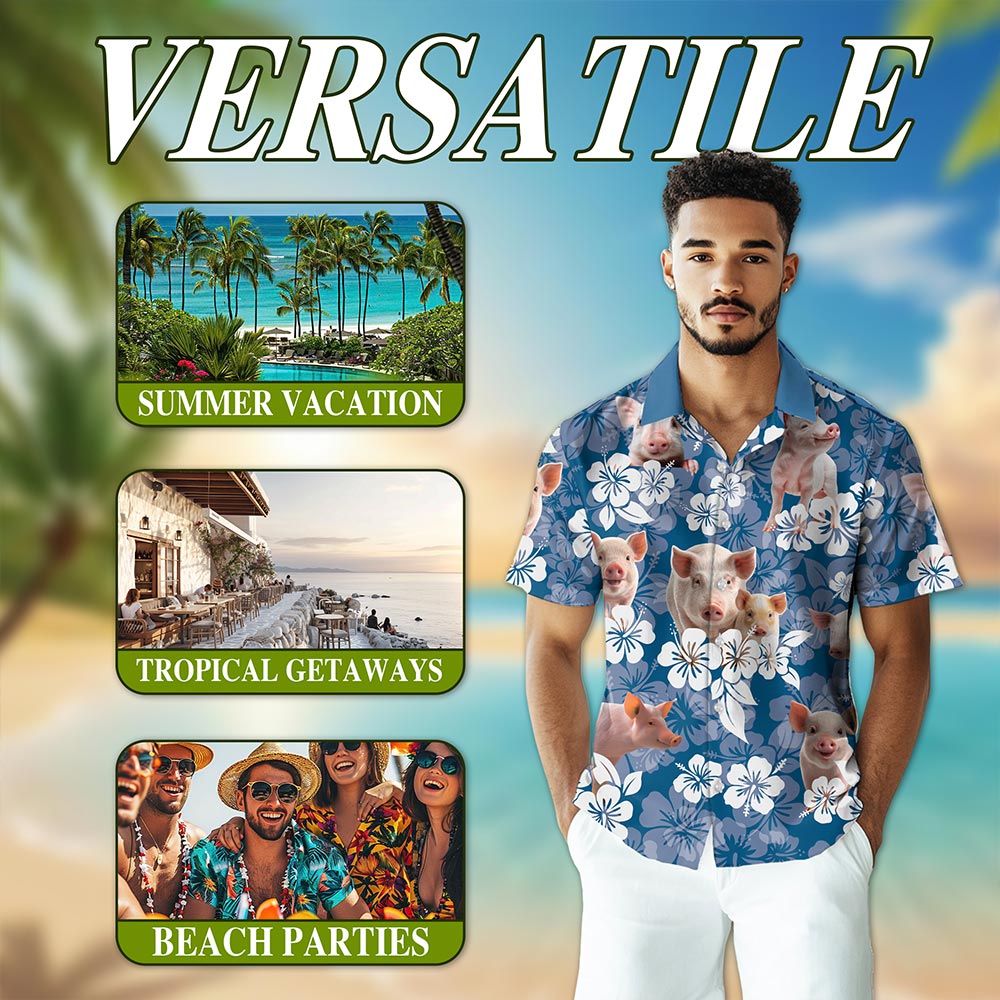 Netecom Farmer Pig Hawaiian Shirt for Men, Pig Lover Gifts, Funny Animal Button Down Summer Beach Short Sleeve Shirts, S-5XL