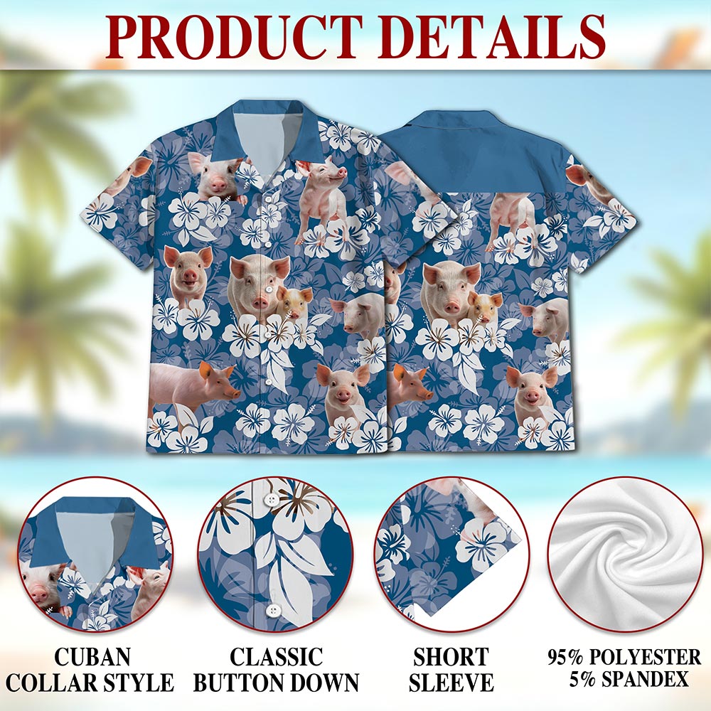 Netecom Farmer Pig Hawaiian Shirt for Men, Pig Lover Gifts, Funny Animal Button Down Summer Beach Short Sleeve Shirts, S-5XL
