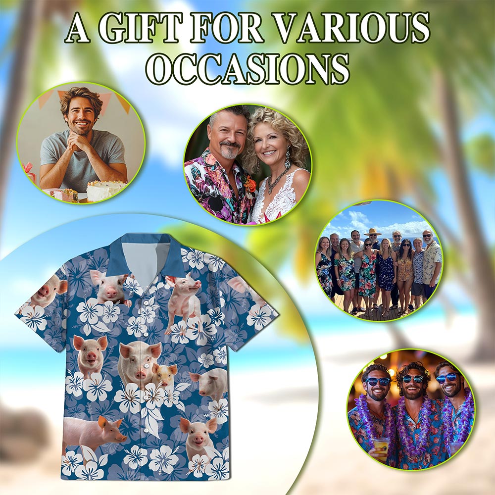 Netecom Farmer Pig Hawaiian Shirt for Men, Pig Lover Gifts, Funny Animal Button Down Summer Beach Short Sleeve Shirts, S-5XL