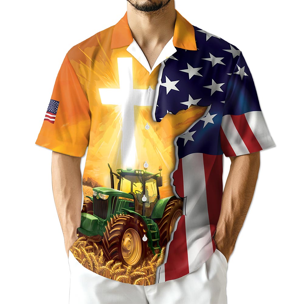 Netecom Farmer Tractors American Flag Hawaiian Shirt for Men