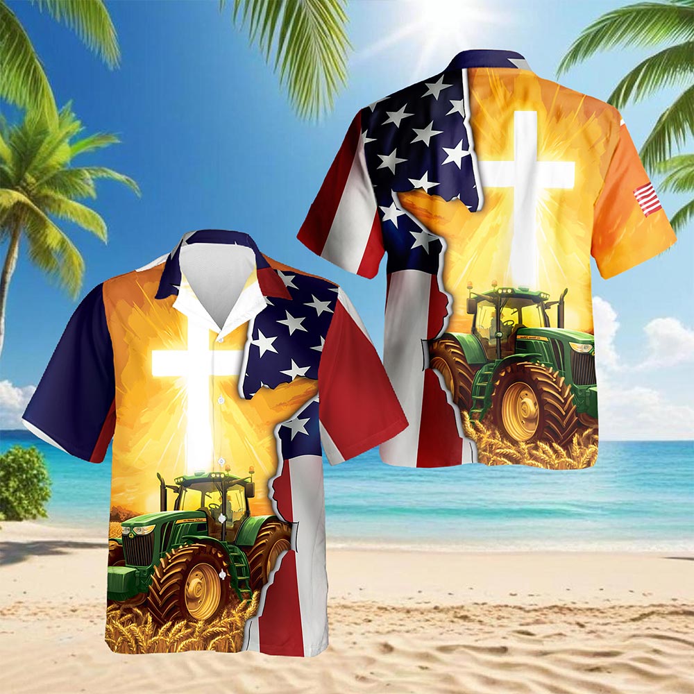 Netecom Farmer Tractors American Flag Hawaiian Shirt for Men, Patriotic Farming Button Down Summer Beach Short Sleeve, S-5XL