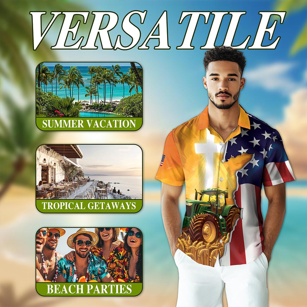 Netecom Farmer Tractors American Flag Hawaiian Shirt for Men, Patriotic Farming Button Down Summer Beach Short Sleeve, S-5XL