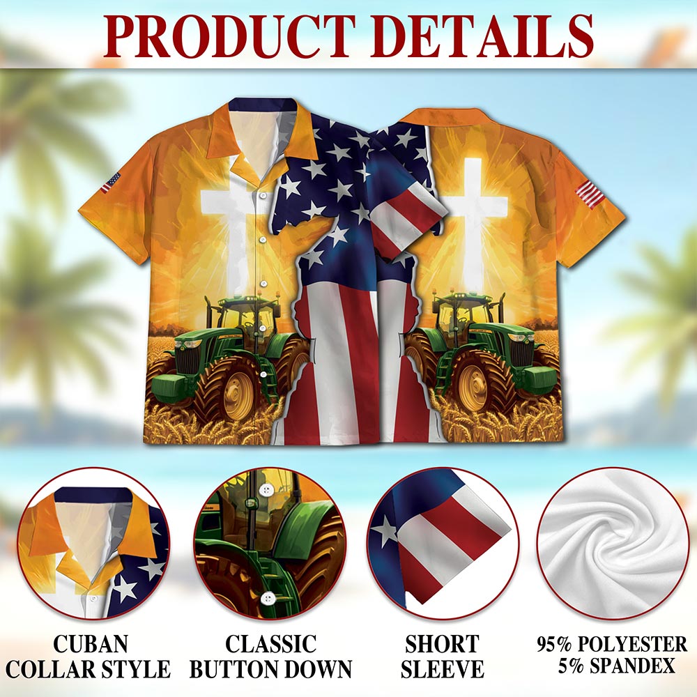 Netecom Farmer Tractors American Flag Hawaiian Shirt for Men, Patriotic Farming Button Down Summer Beach Short Sleeve, S-5XL