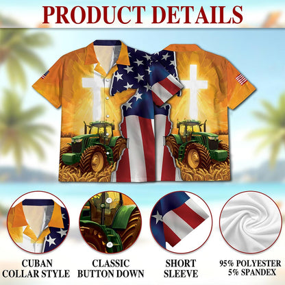 Netecom Farmer Tractors American Flag Hawaiian Shirt for Men, Patriotic Farming Button Down Summer Beach Short Sleeve, S-5XL