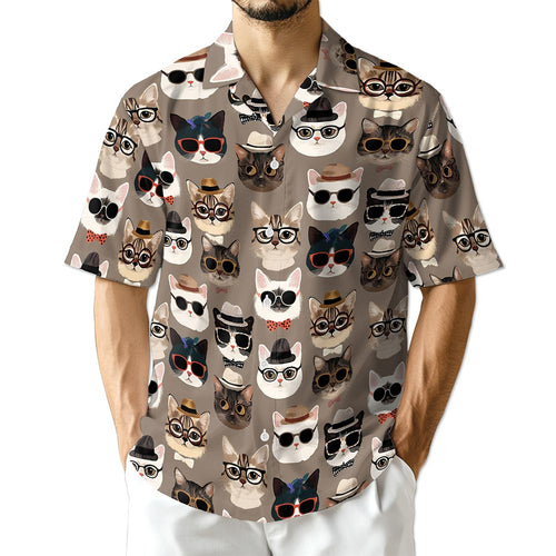 Netecom Fashion Cats Hawaiian Shirt for Men, Vintage Style, Button Down Summer Beach Short Sleeve, S-5XL