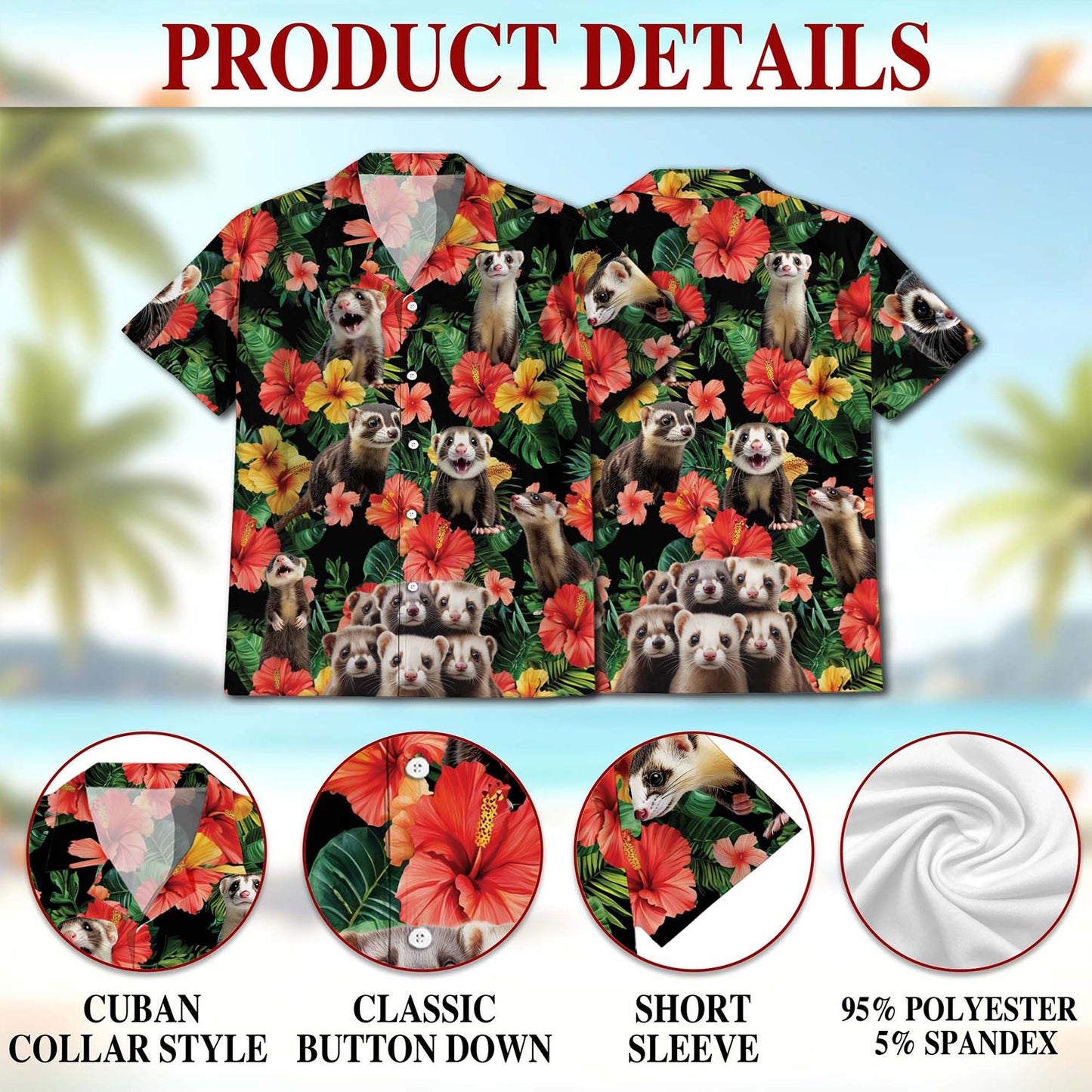 Netecom Ferrets Tropical Summer Hawaiian Shirt for Men, Button Down Summer Beach Short Sleeve, Tropical Style, S-5XL