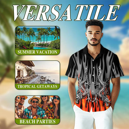 Netecom Fire Dragon Hawaiian Shirt for Men, Mythical Style, Button Down Summer Beach Short Sleeve, S-5XL