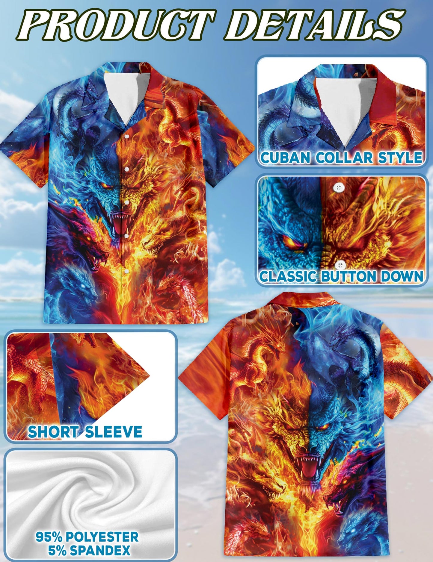 Netecom Fire Dragon Hawaiian Shirt for Men, Button Down Summer Beach Short Sleeve, S-5XL