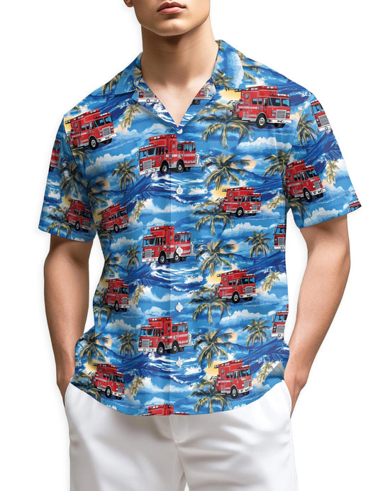 Netecom Fire Truck Firefighter Blue Palm Tree Hawaiian Shirt for Men