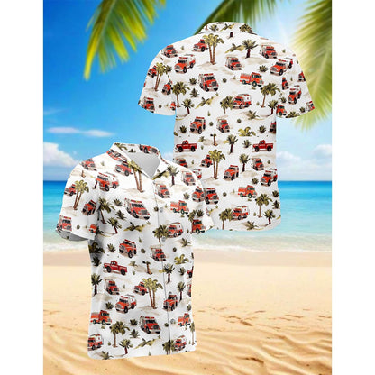 Netecom Fire Truck Firefighter Hawaiian Shirt for Men, Button Down Summer Beach Short Sleeve, S-5XL