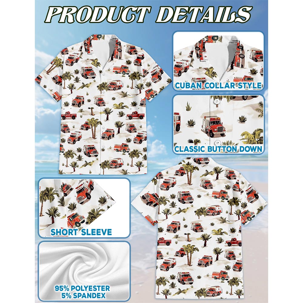 Netecom Fire Truck Firefighter Hawaiian Shirt for Men, Button Down Summer Beach Short Sleeve, S-5XL