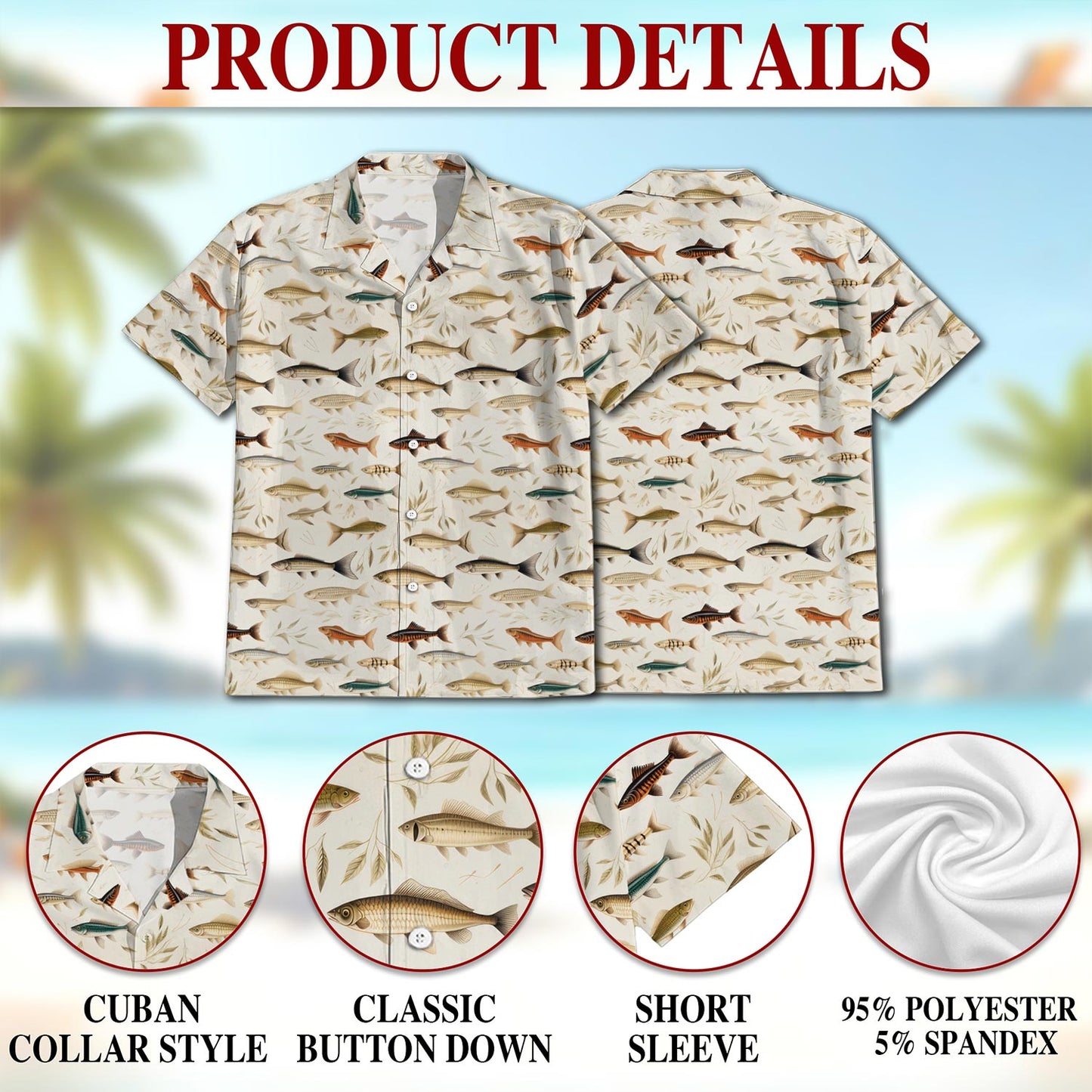 Netecom Fish Pattern Hawaiian Shirt for Men, Button Down Summer Beach Short Sleeve, Vintage Style, S-5XL