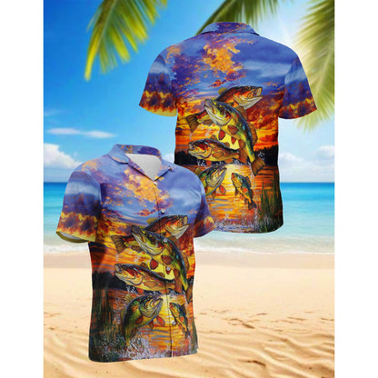 Netecom Fishing At Sunset Hawaiian Shirt for Men, Button Down Summer Beach Short Sleeve, Fishing Lover Gifts, Sizes S-5XL