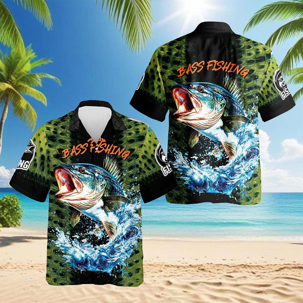 Netecom Fishing Bass Hawaiian Shirt for Men, Button Down Summer Beach Short Sleeve, S-5XL