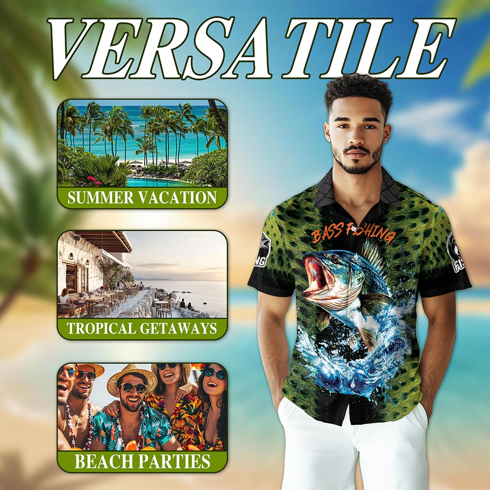 Netecom Fishing Bass Hawaiian Shirt for Men, Button Down Summer Beach Short Sleeve, S-5XL