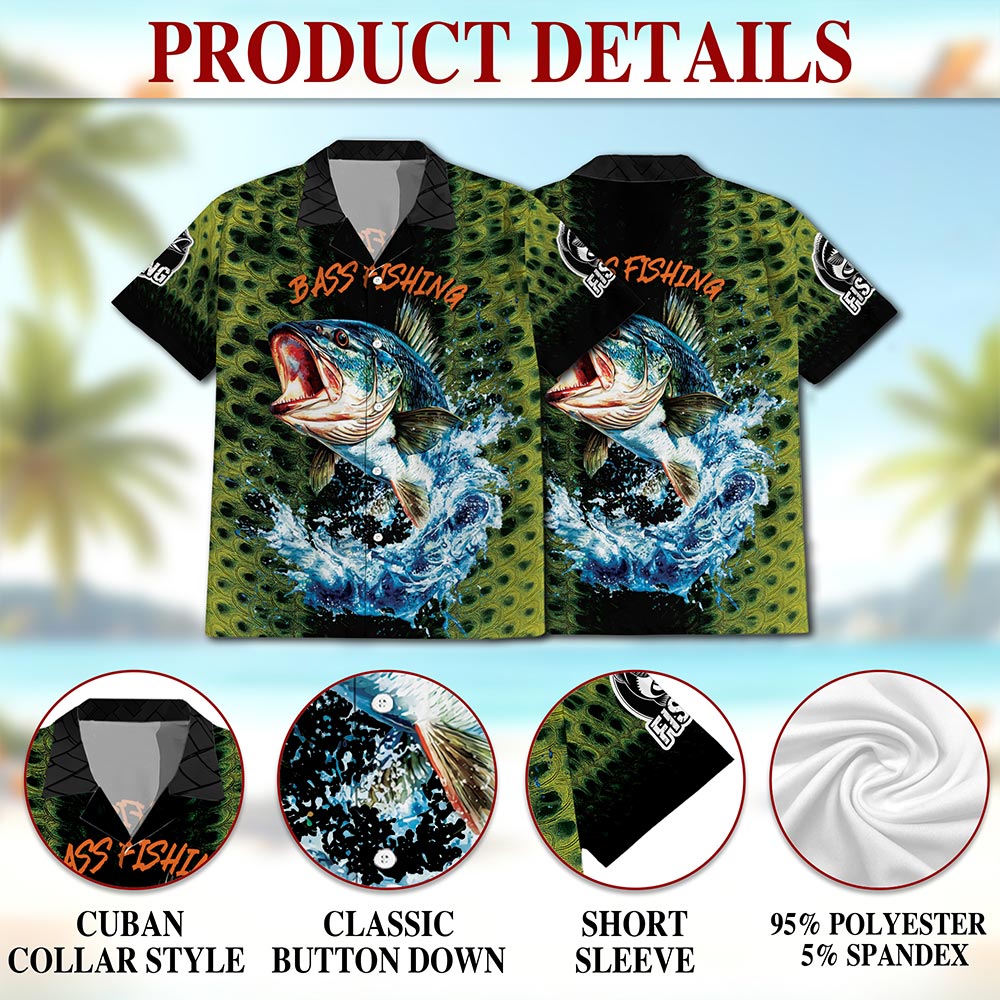 Netecom Fishing Bass Hawaiian Shirt for Men, Button Down Summer Beach Short Sleeve, S-5XL