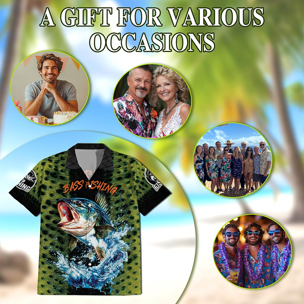 Netecom Fishing Bass Hawaiian Shirt for Men, Button Down Summer Beach Short Sleeve, S-5XL