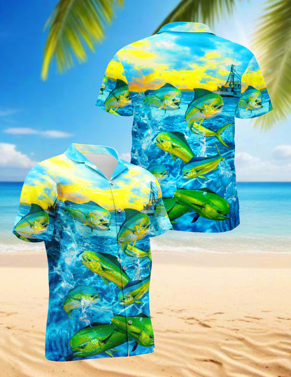 Netecom Fishing Mahi-mahi Hawaiian Shirt for Men, Vintage Style, Button Down Summer Beach Short Sleeve, S-5XL