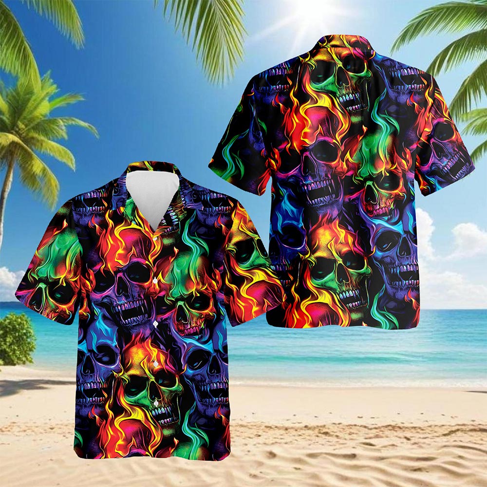 Netecom Flame Skull Hawaiian Aloha Shirt for Men, Casual Button Down Summer Beach Short Sleeve, Retro Style, Sizes S-5XL